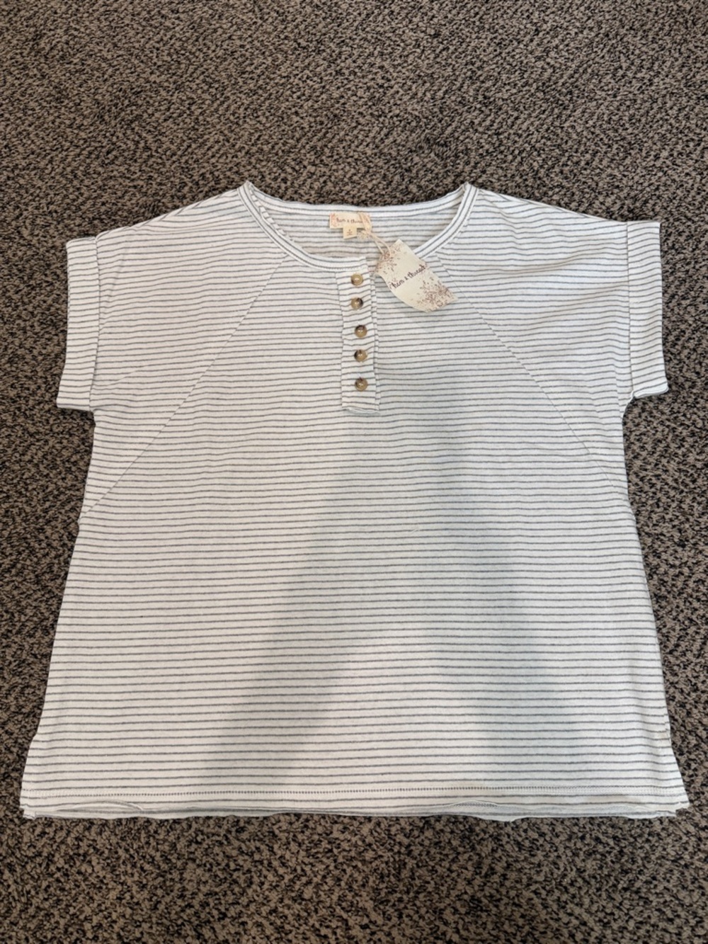 Hem & Thread White and Gray Striped Short Sleeve Henley